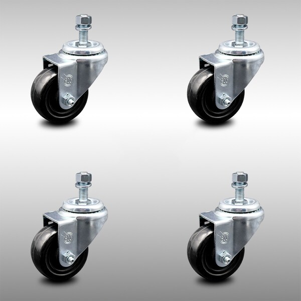 3.5 Inch SS Hard Rubber Wheel Swivel 1/2 Inch Threaded Stem Caster Set SCC